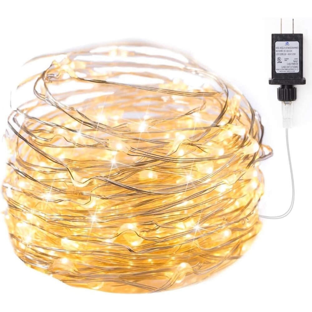 Fairy Lights Plug in, 33Ft 100 LEDs Waterproof Silver Wire Firefly Lights, Adapt